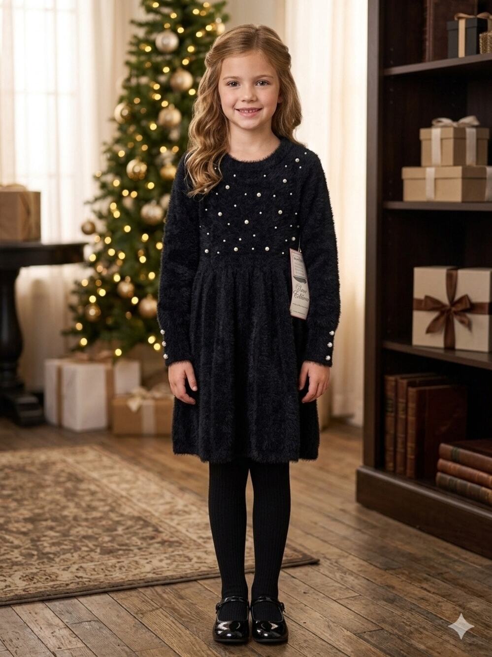NWT Rare Editions Holiday Dress Black Eyelash Knit Pearl Embellished Girls 5